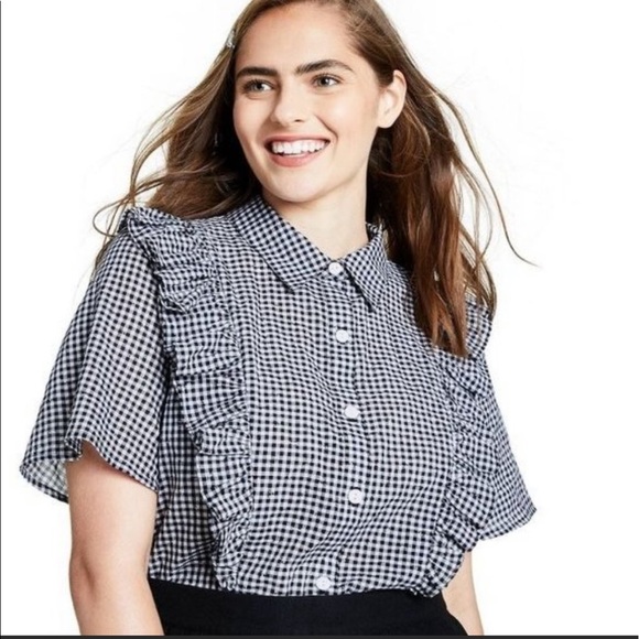 Sandy Liang x Target Black & White Gingham Short Sleeve Ruffle Button Down Shirt - Picture 1 of 3